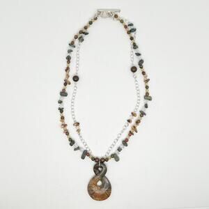 Handmade Double Strand Beaded Chain Necklace With Natural Pendant Hand Crafted